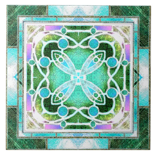 Carreau Vitrail de cathédrale en vert et menthe (Devant)