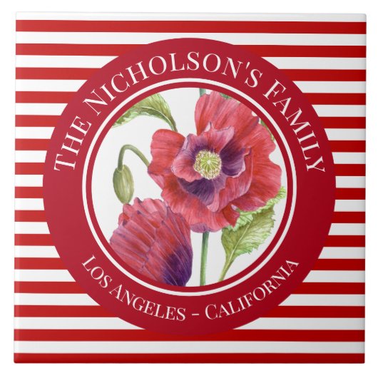 Carreau Vivid Red Poppies Floral Cercle Blanc rayures (Devant)