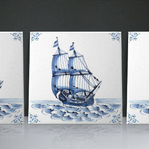 Carreau Voilier Schooner de Style Hollandais Delft Blue