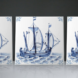 Carreau Voilier Schooner de Style Hollandais Delft Blue
