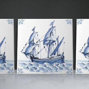 Carreau Voilier Schooner de Style Hollandais Delft Blue