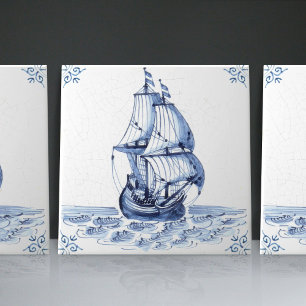 Carreau Voilier Schooner de Style Hollandais Delft Blue