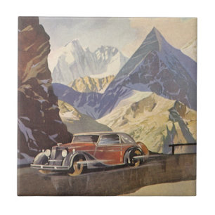 Carreau Voiture vintage sur route de montagne en hiver ave