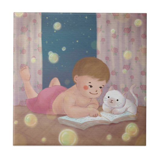 Carreau Vous manquez : Illustration de garçon & chat (Devant)