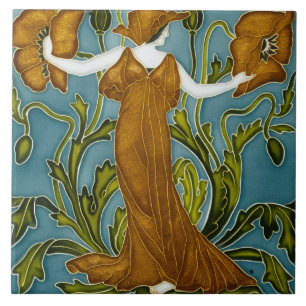 Carreau Walter Crane Art nouveau jeune fille au coquelicot