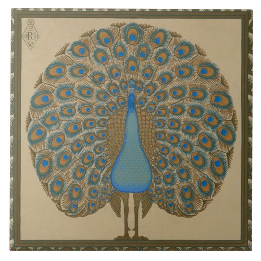 Carreau Walter Crane Blue Peacock avec sa queue écartée (Devant)
