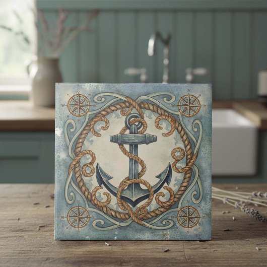 Carreau Watercolor Anchor, Rope & Compass Rose ID1203