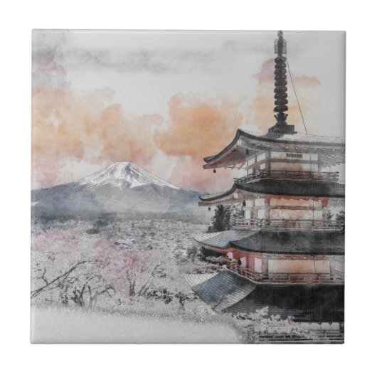 Carreau Watercolor Japanese Pagoda & Fuji  (Devant)