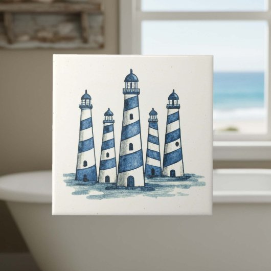 Carreau Watercolor Light Houses Blue Ivory ID1202