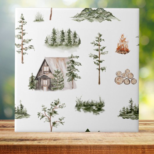 Carreau Watercolor Mountain Cabine Forest Motif sans coutu