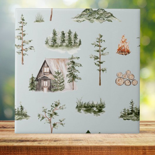 Carreau Watercolor Mountain Cabine Forest Motif sans coutu