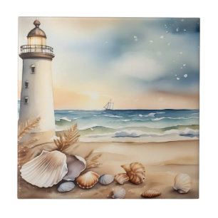 Carreau Watercolor Phare et plage