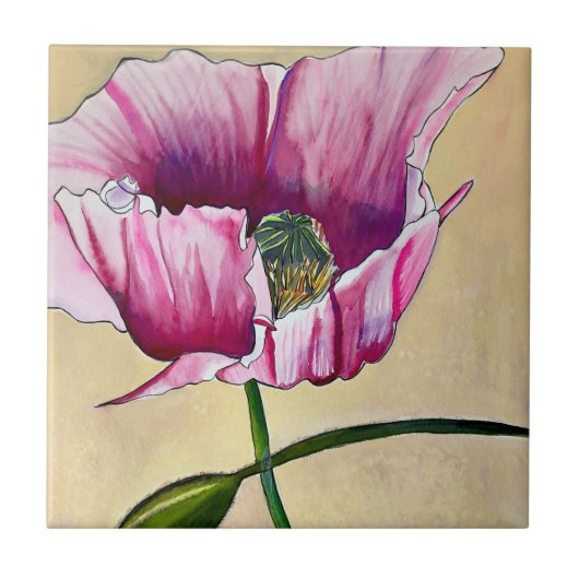 Carreau Watercolor pink poppy art flower (Devant)