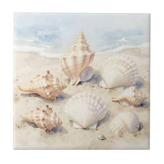 Carreau Watercolor Seashells Beach Scene (Devant)