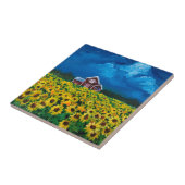 Carreau western country red barn summer sunflower field (Côté)