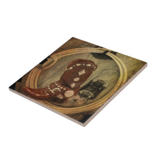 Carreau Western Country Rodeo botte de cowboy Lasso corde