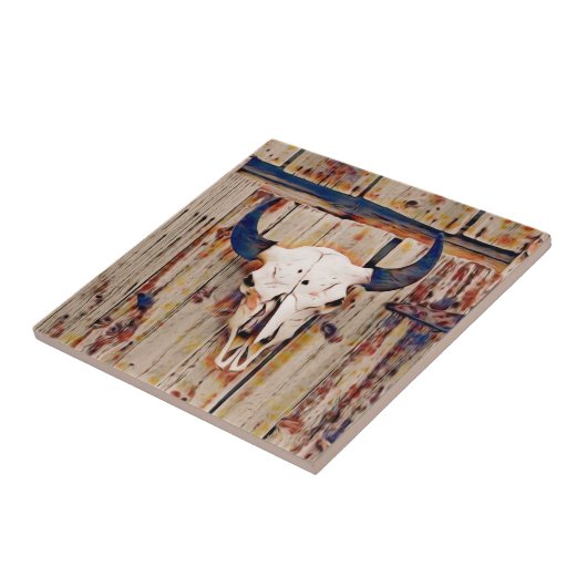 Carreau Western Vintage Rustic Bull Skull Brown Barne (Côté)