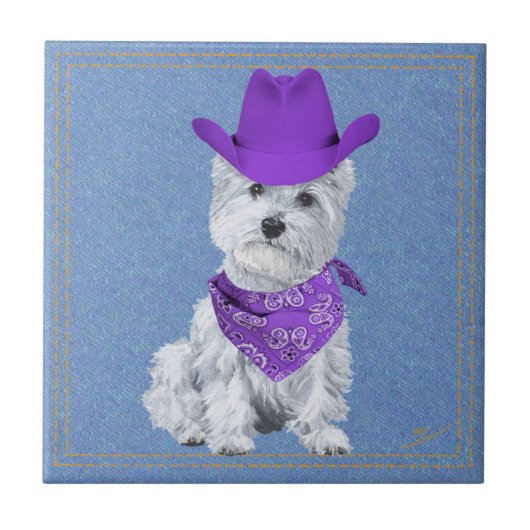 Carreau Westie Cowboy sur Denim (Devant)