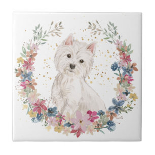 Carreau Westie Terrier Fleurs de printemps Wreath