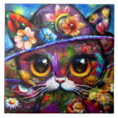 Carreau Whimsical Big Eye Cat Kitty avec Casquette Floral (Devant)