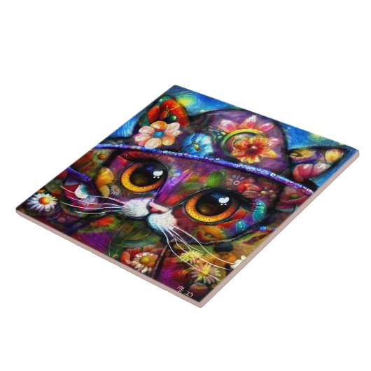 Carreau Whimsical Big Eye Cat Kitty avec Casquette Floral (Côté)