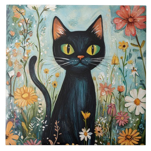 Carreau Whimsical Black Cat avec illustration Fleur sauvag (Devant)
