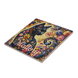 Carreau Whimsical Floral Chat Noir Kitty Personnalisé