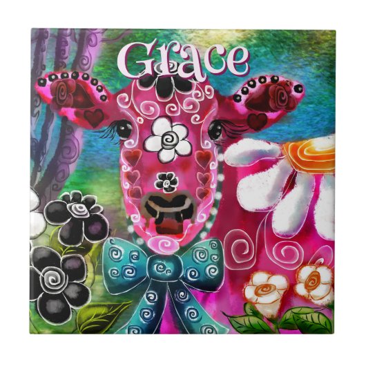 Carreau Whimsical Floral Cow Pink Teal Black Personalized (Devant)
