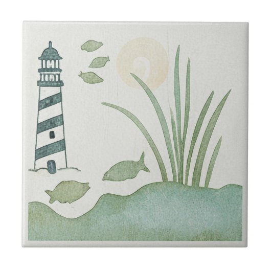 Carreau Whimsical Striped Lighthouse and Fish ID1206 (Devant)