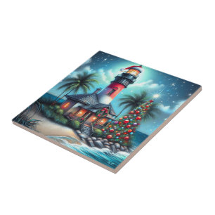 Carreau Whimsical Tropical Christmas Lighthouse Turquoise