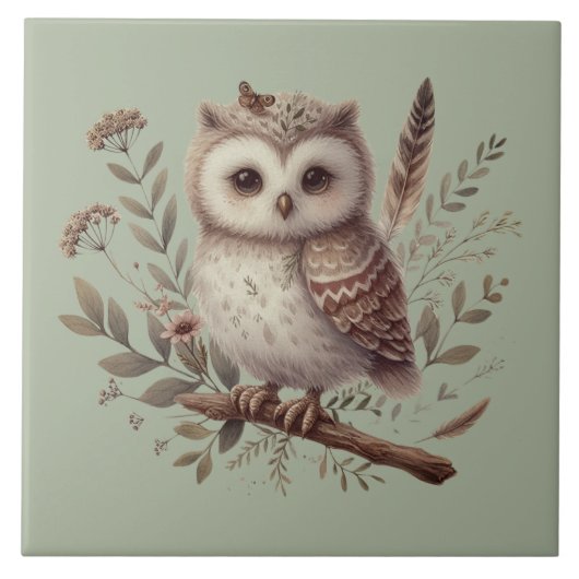 Carreau Whimsical Woodland Owl Botanical Illustration (Devant)