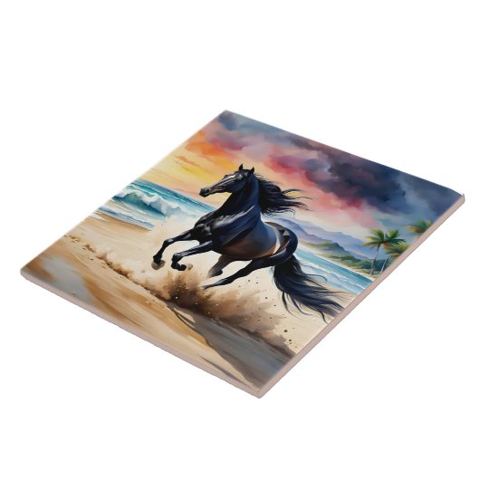 Carreau Wild black stallion galloping (Côté)