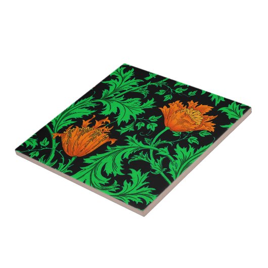 Carreau William Morris Anemone, orange, vert et noir (Côté)