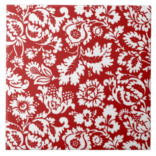 Carreau William Morris Floral Damask, blanc sur rouge prof