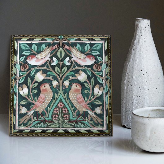 Carreau William Morris Oiseaux et tulipes Vert Art Nouveau