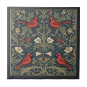 Carreau William Morris style Red Cardinal Birds