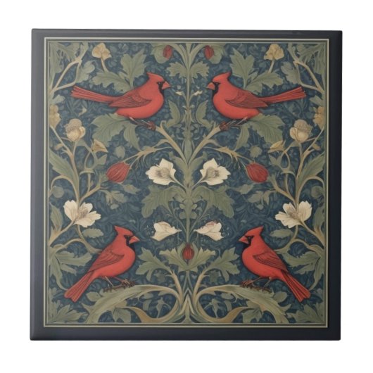 Carreau William Morris style Red Cardinal Birds (Devant)