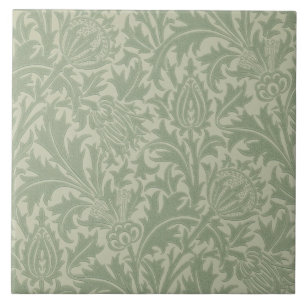 Carreau Wm Morris Arts & Crafts Green Thistle Repro Tile