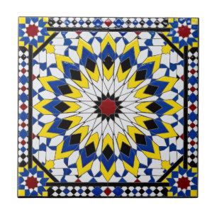 Carreau Zellij marocain authentique bleu royal et jaune