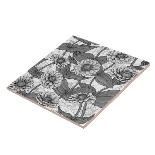 Carreau Zinnias, monochrome sur blanc (Côté)