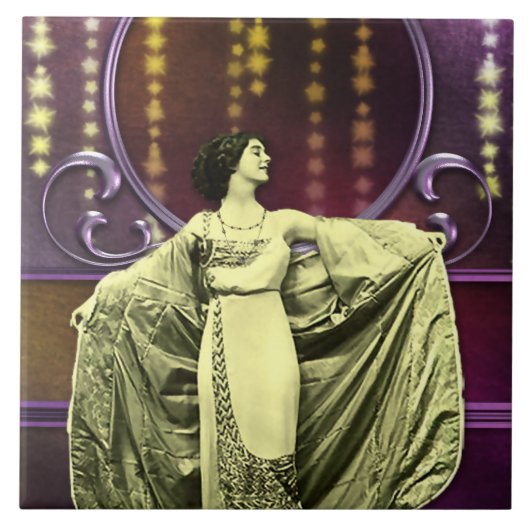 Carreau ZOHARA : Femme d'art déco en jaune et prune (Devant)