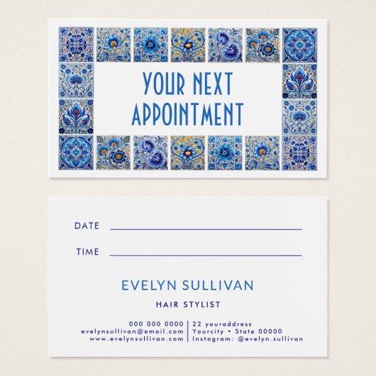 Carreaux bleu méditerranéen carte de rendez-vous (Devant & derrière)