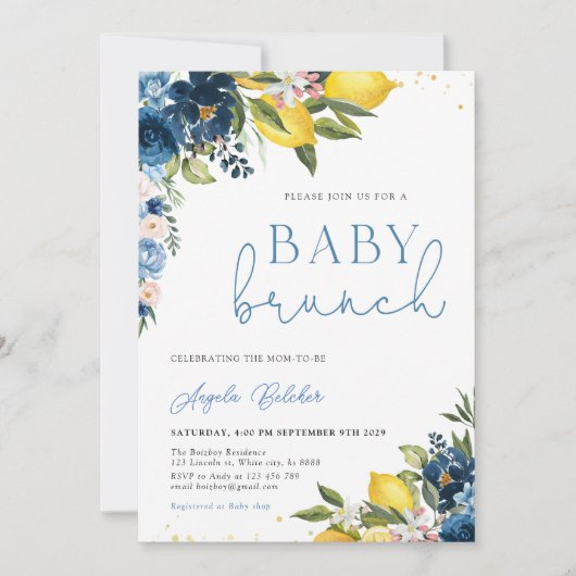 Carreaux bleus Baby shower citron Invitation (Devant)