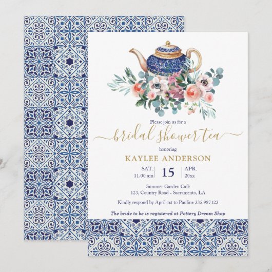 Carreaux bleus Fête des mariées carte d'invitation (Devant / Derrière)