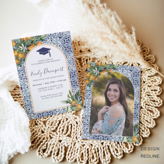 Carreaux bleus Graduation Invitation Photo sur le 