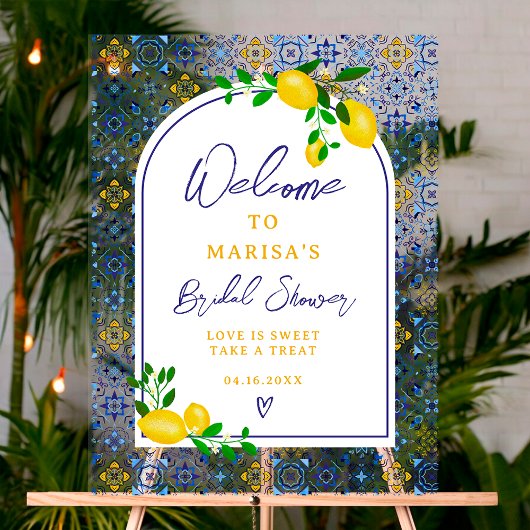 Carreaux bleus italiens aquarelle citron bienvenue