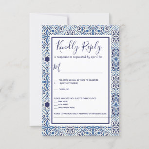 Carreaux bleus Mariage carte RSVP