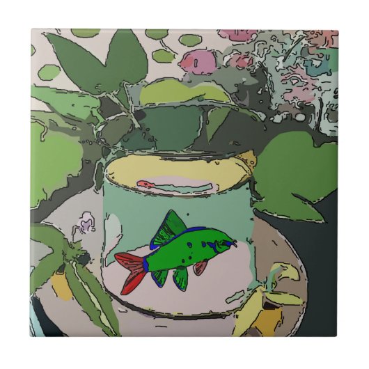 Carreaux d'art Abstrait, Poisson vert dans le bol, (Devant)