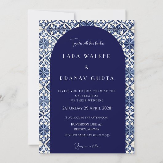 Carreaux D'Été Bleu Et Blanc Invitation De Mariage (Devant)