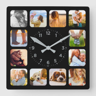 Carrée 12 Photo Arrondi Black Wall Horloge